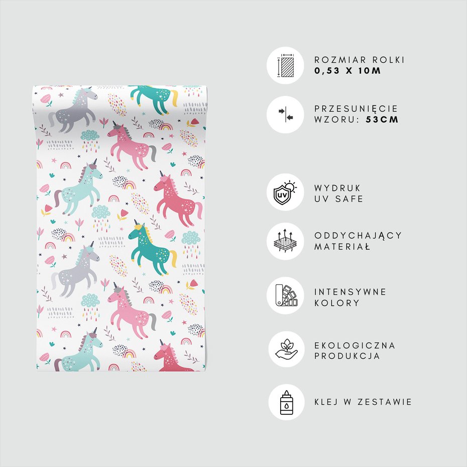 Tapeta - dziecięca, jednorożce, tęcza, chmury