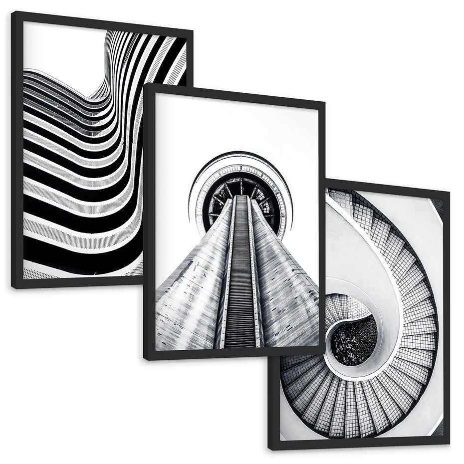 Zestaw obrazy w ramie, plakaty - struktura, schody, architektura - rama czarna