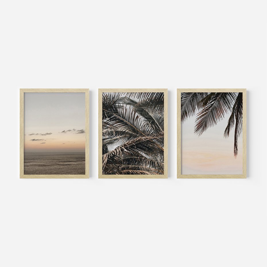 Zestaw obrazy w ramie, plakaty - palmy, ocean, liście - rama drewno