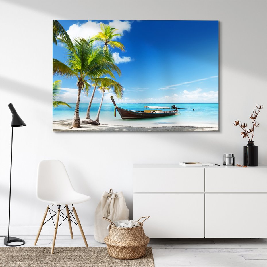 Obraz na płótnie - plaża, palmy, łódź
