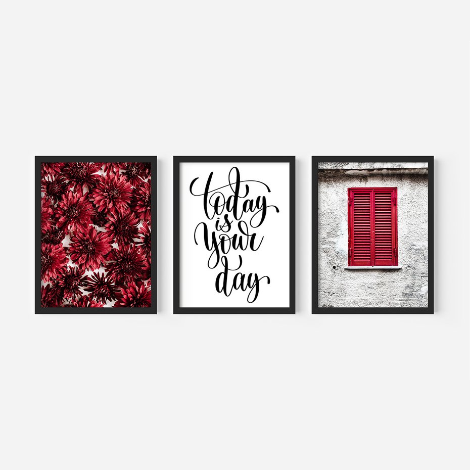 Zestaw obrazy w ramie, plakaty - kwiaty, okno, typografia - rama czarna