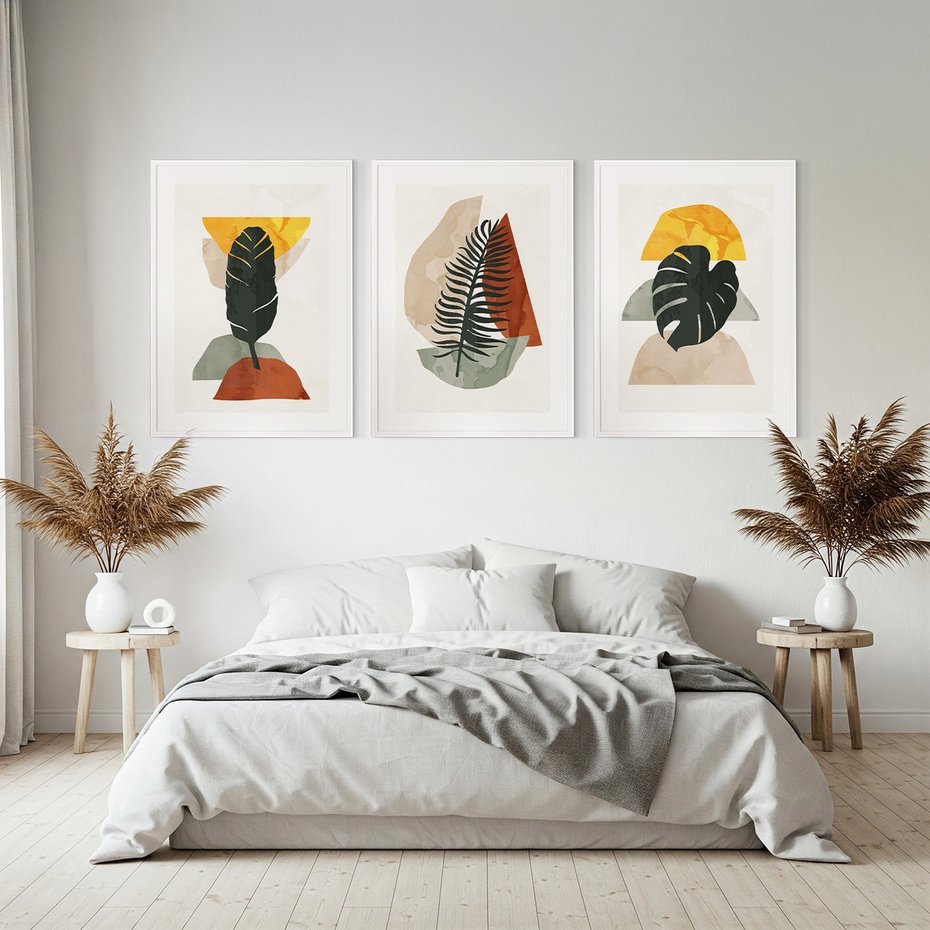 Zestaw obrazy w ramie, plakaty - liście, abstrakcja, rośliny - rama biała