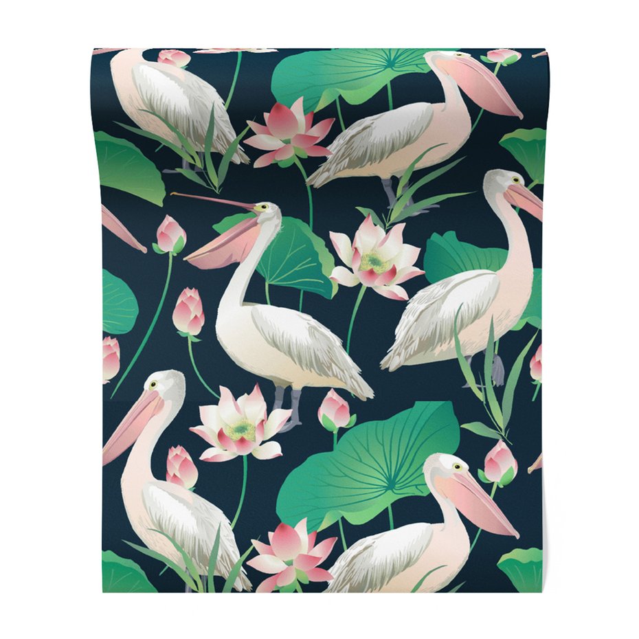 Tapeta - pelikan, kwiat, liście