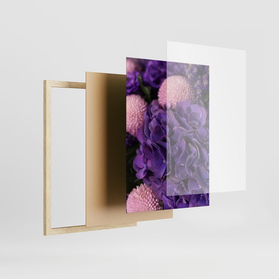 Zestaw obrazy w ramie, plakaty - kwiaty, kamienie, fioletowy - rama drewno