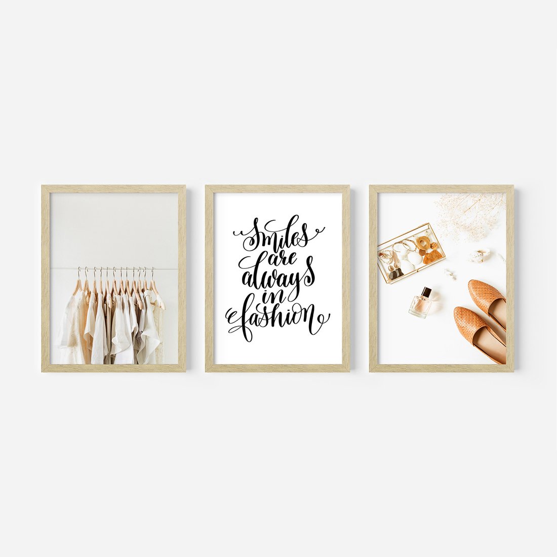 Zestaw obrazy w ramie, plakaty - ubrania, akcesoria, minimalizm - rama drewno