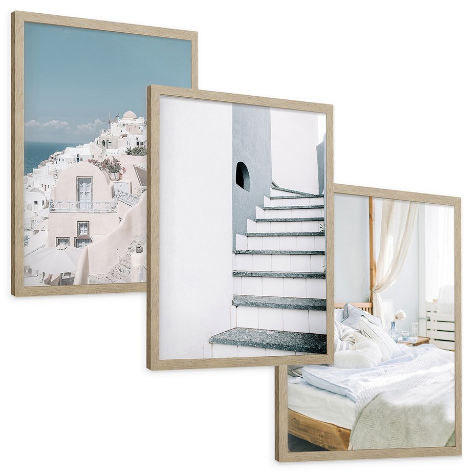 Zestaw obrazy w ramie, plakaty - budynki,schody,łóżko - rama drewno