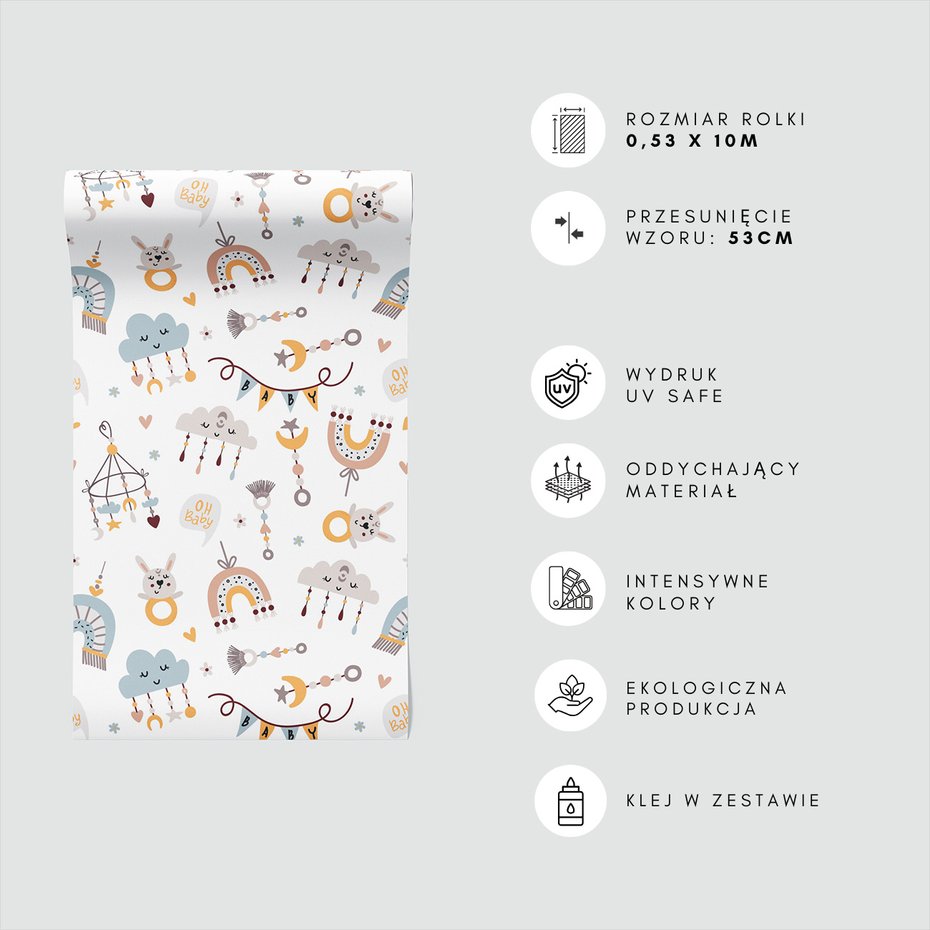 Tapeta - dziecięca, królik, chmura, tęcza