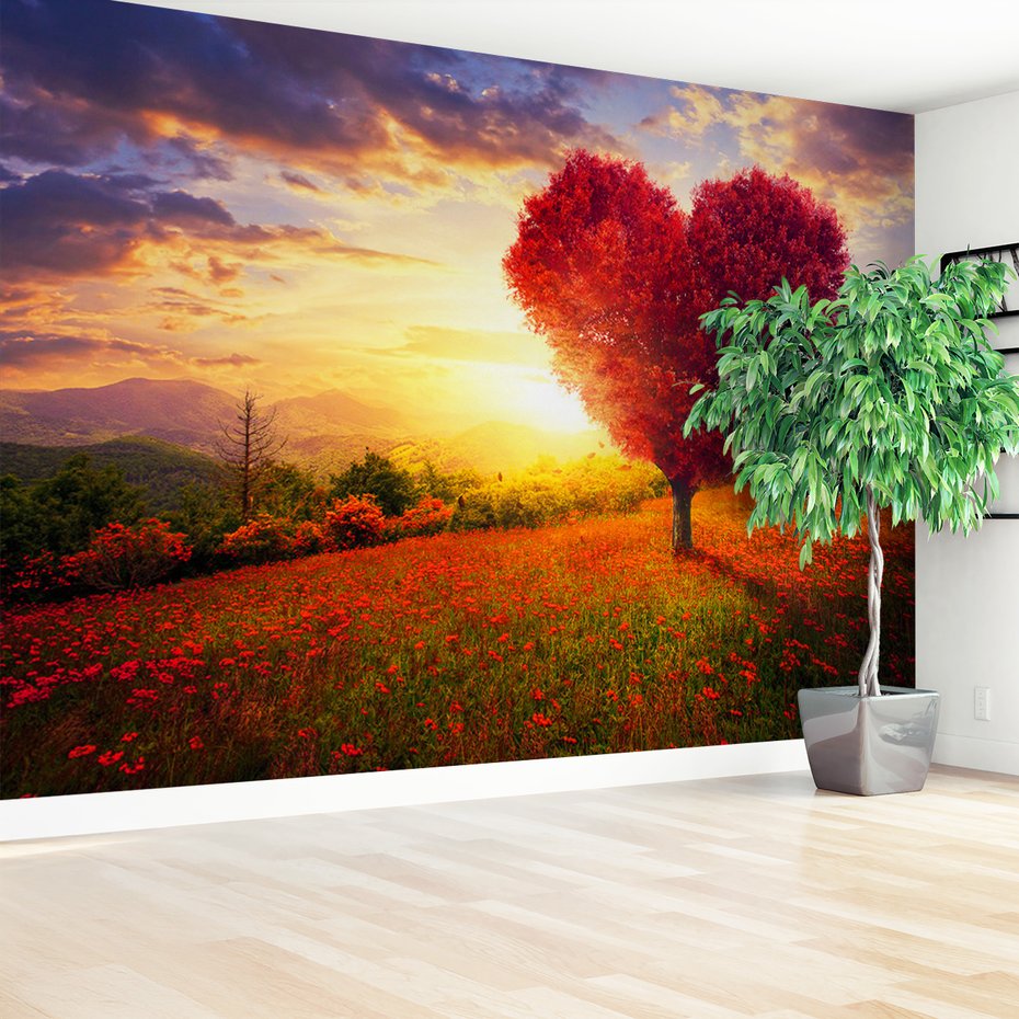 Fototapeta - drzewo serce, krajobraz, kwiaty