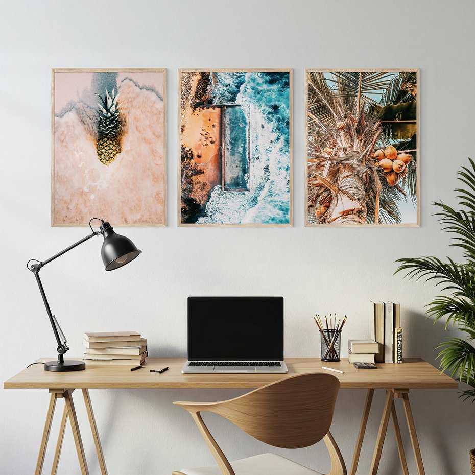 Zestaw obrazy w ramie, plakaty - ananas, plaża, kokosy - rama drewno