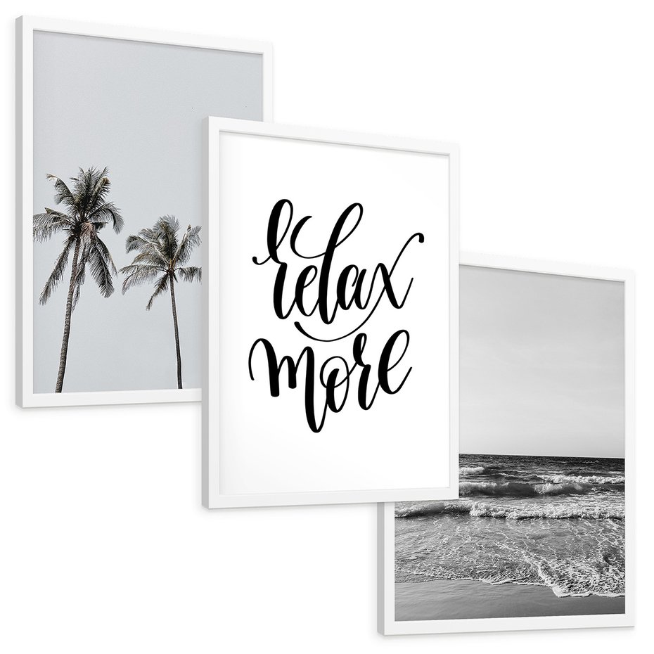 Zestaw obrazy w ramie, plakaty - palmy, morze, relax - rama biała