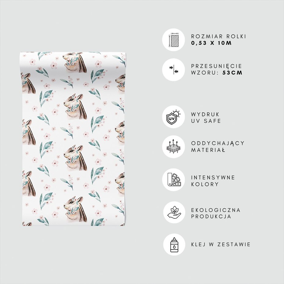 Tapeta - wiewiórka, kwiaty, liście