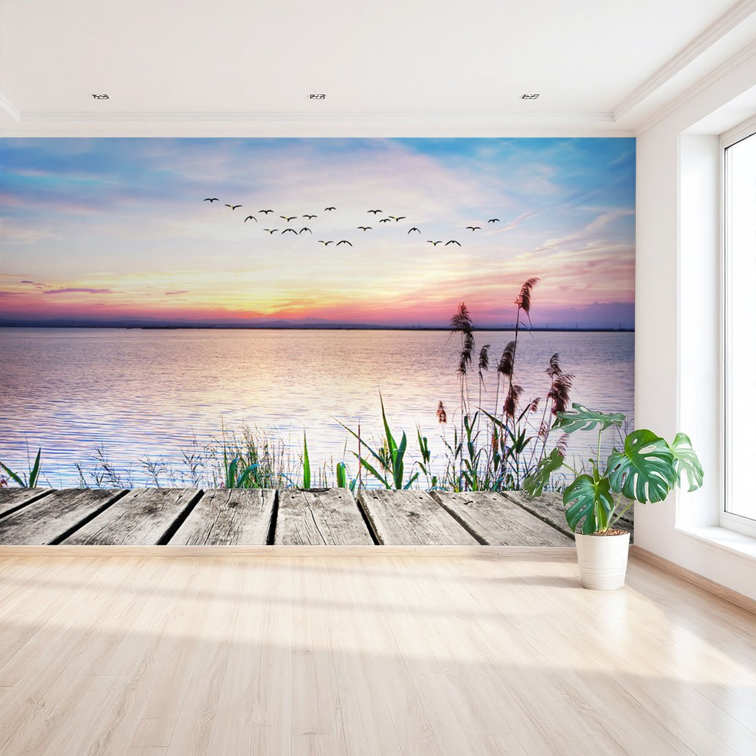 Fototapeta - zachód słońca, jezioro, ptaki