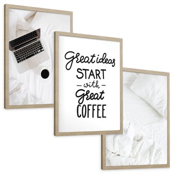 Zestaw obrazy w ramie, plakaty - minimalizm, kawa, laptop - rama drewno