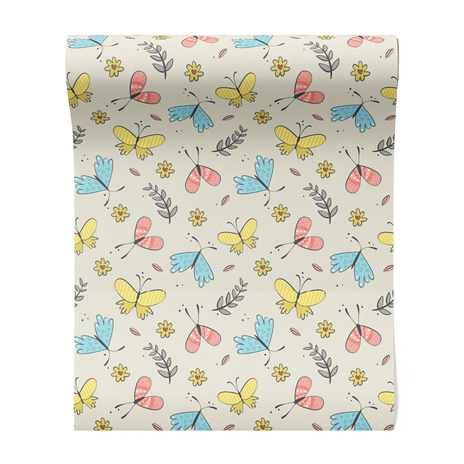 Tapeta - dziecięca, motyle, kwiaty, liście