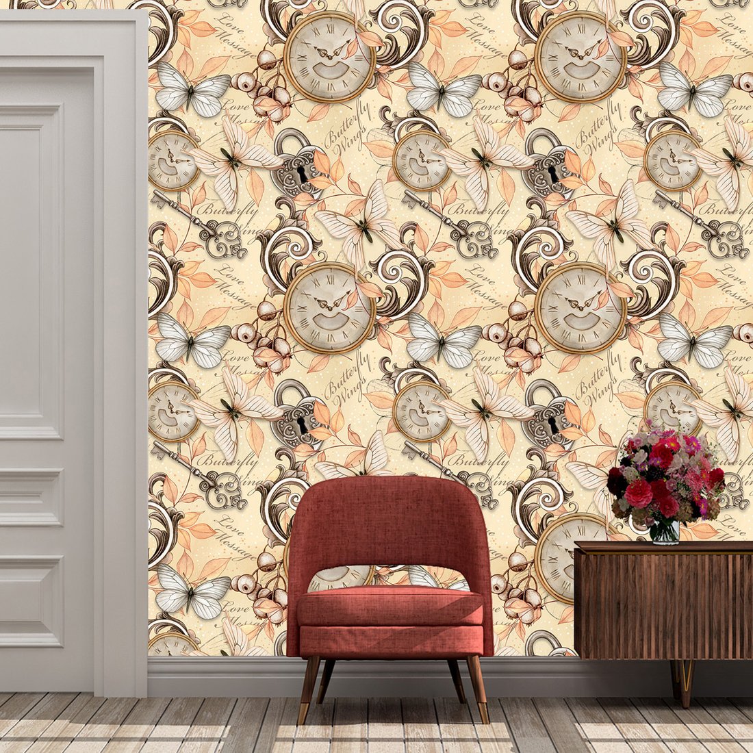 Tapeta - motyle, zegary, ornamenty
