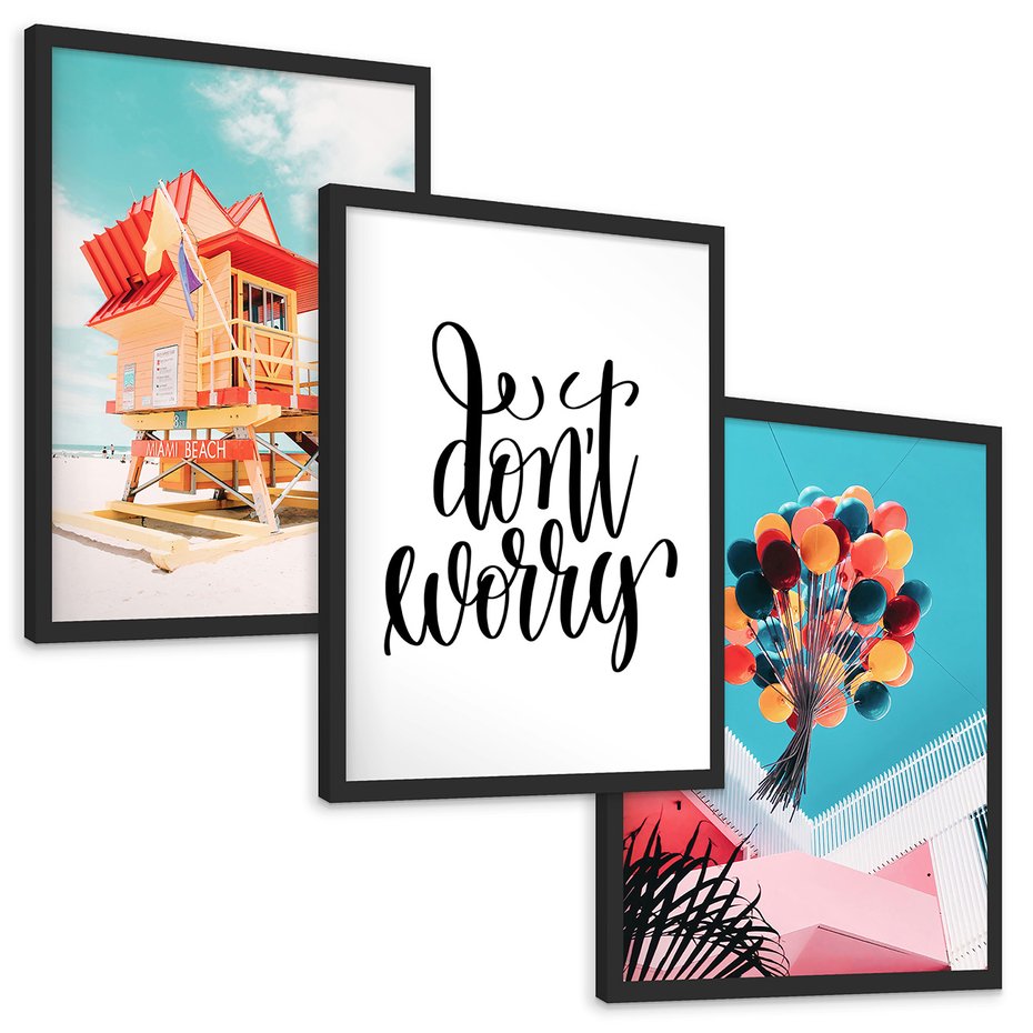 Zestaw obrazy w ramie, plakaty - plaża, budynek, balony - rama czarna