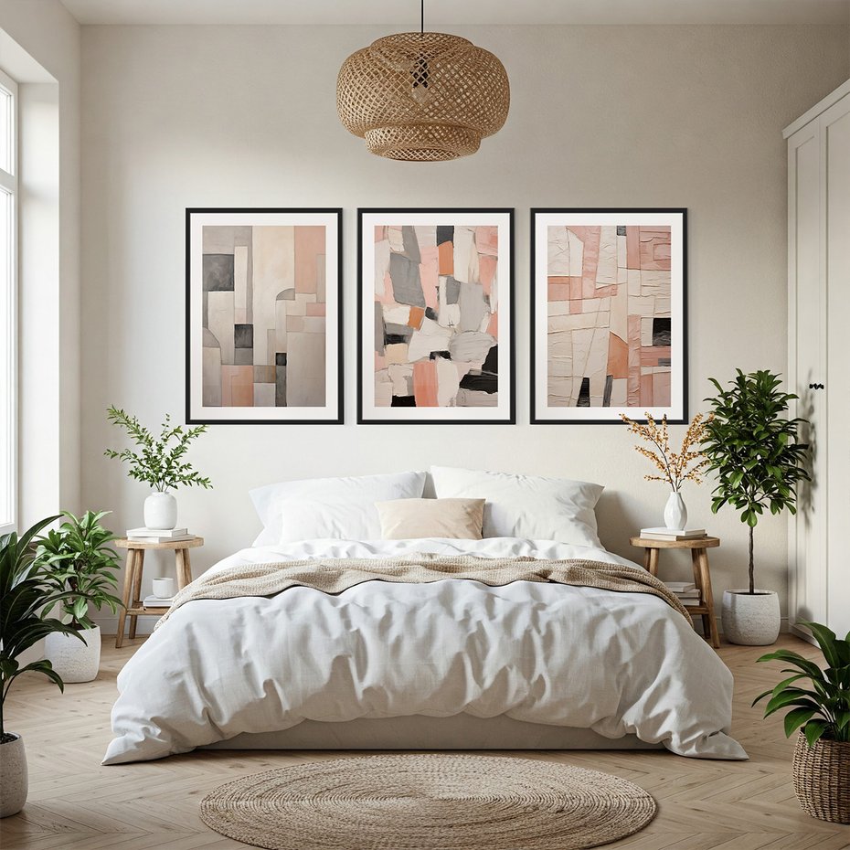 Zestaw obrazy w ramie, plakaty - abstrakcja, pastelowe, geometryczne - rama czarna