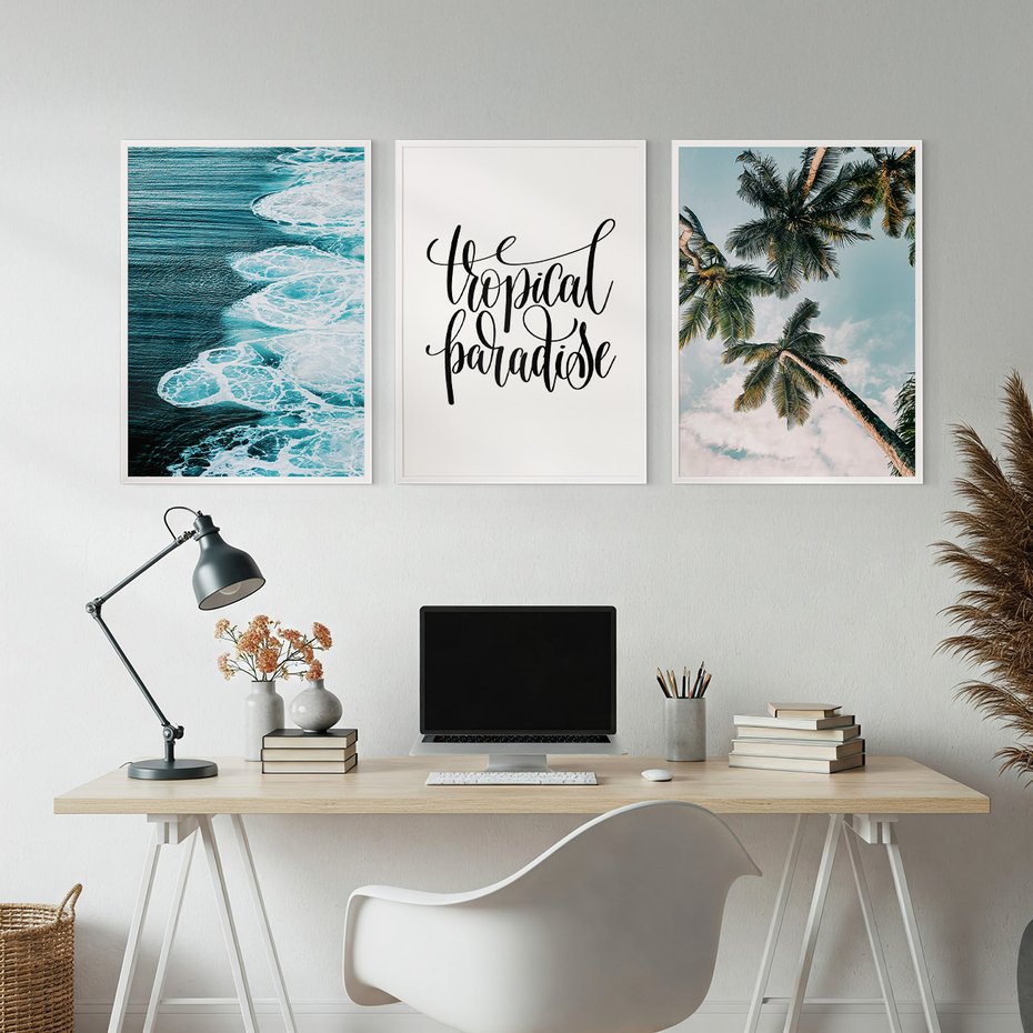 Zestaw obrazy w ramie, plakaty - tropikalny, morze, palmy - rama biała