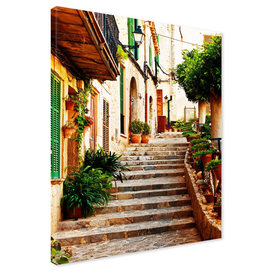 Obraz na płótnie - uliczka, schody, kwiaty
