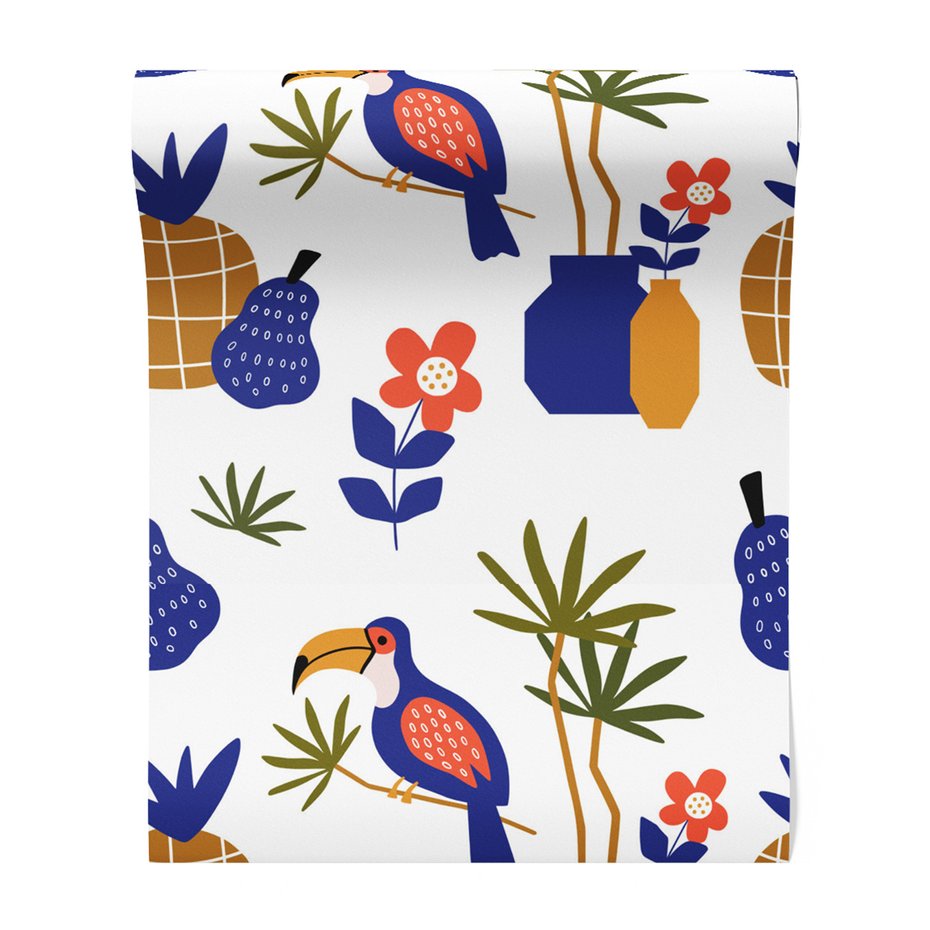 Tapeta - ananasy, kwiaty, tukan