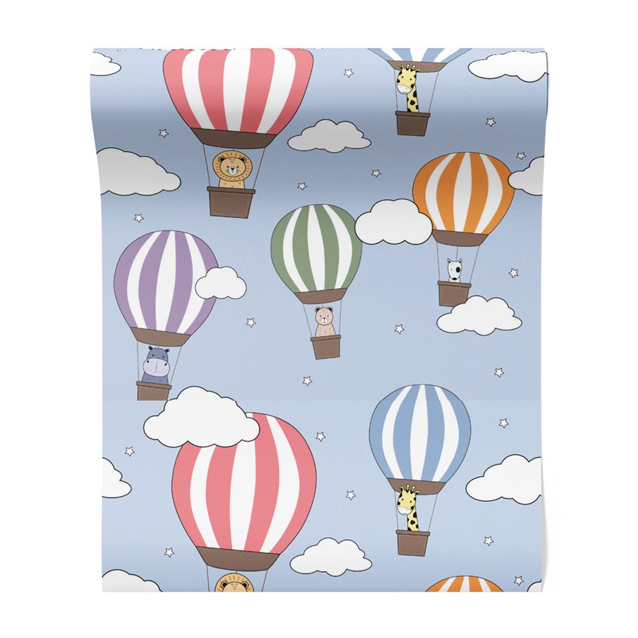 Tapeta - dziecięca, balony, zwierzęta, chmury