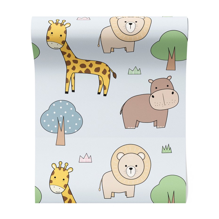 Tapeta - dziecięca, żyrafa, lew, hipopotam