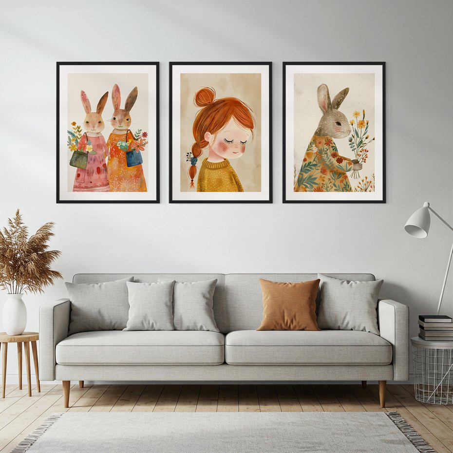 Zestaw obrazy w ramie, plakaty - króliki, dziewczynka, kwiaty - rama czarna
