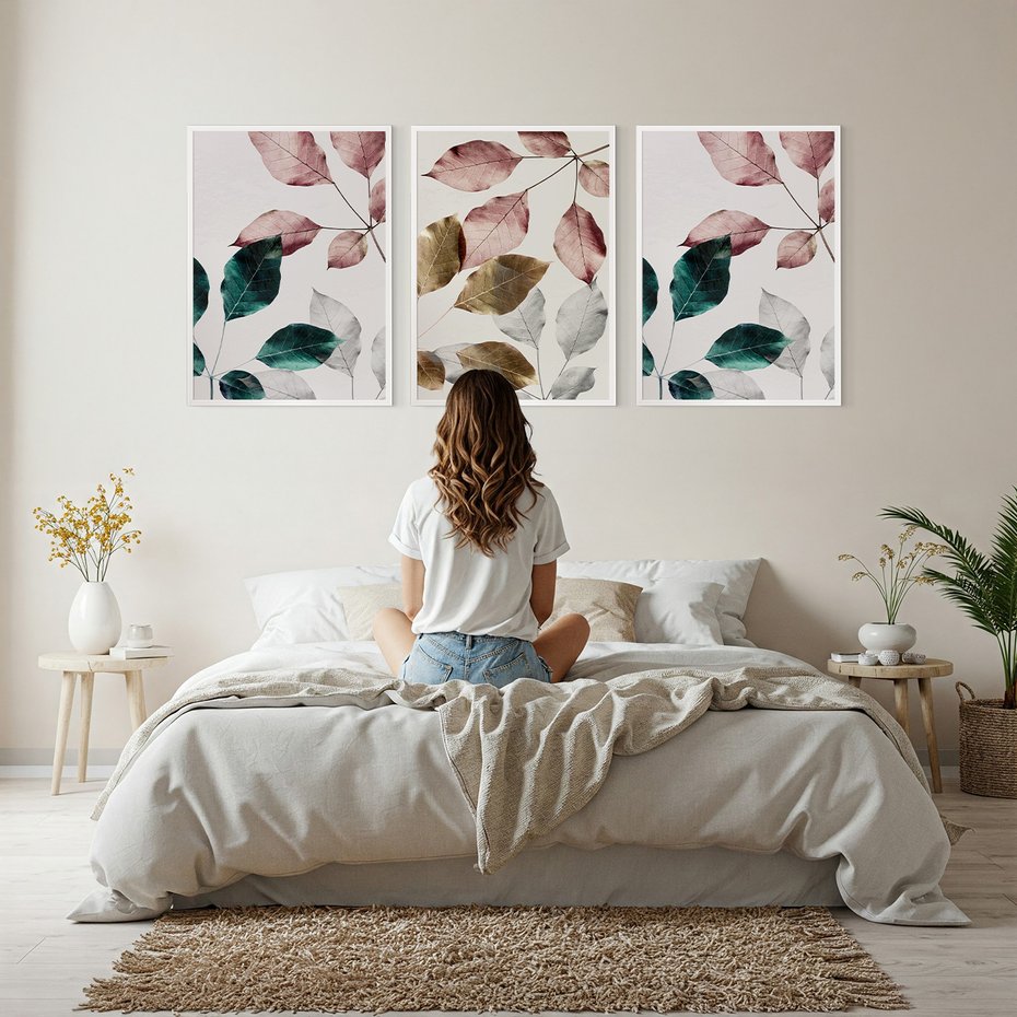 Zestaw obrazy w ramie, plakaty - liście, pastelowe, botaniczne - rama biała