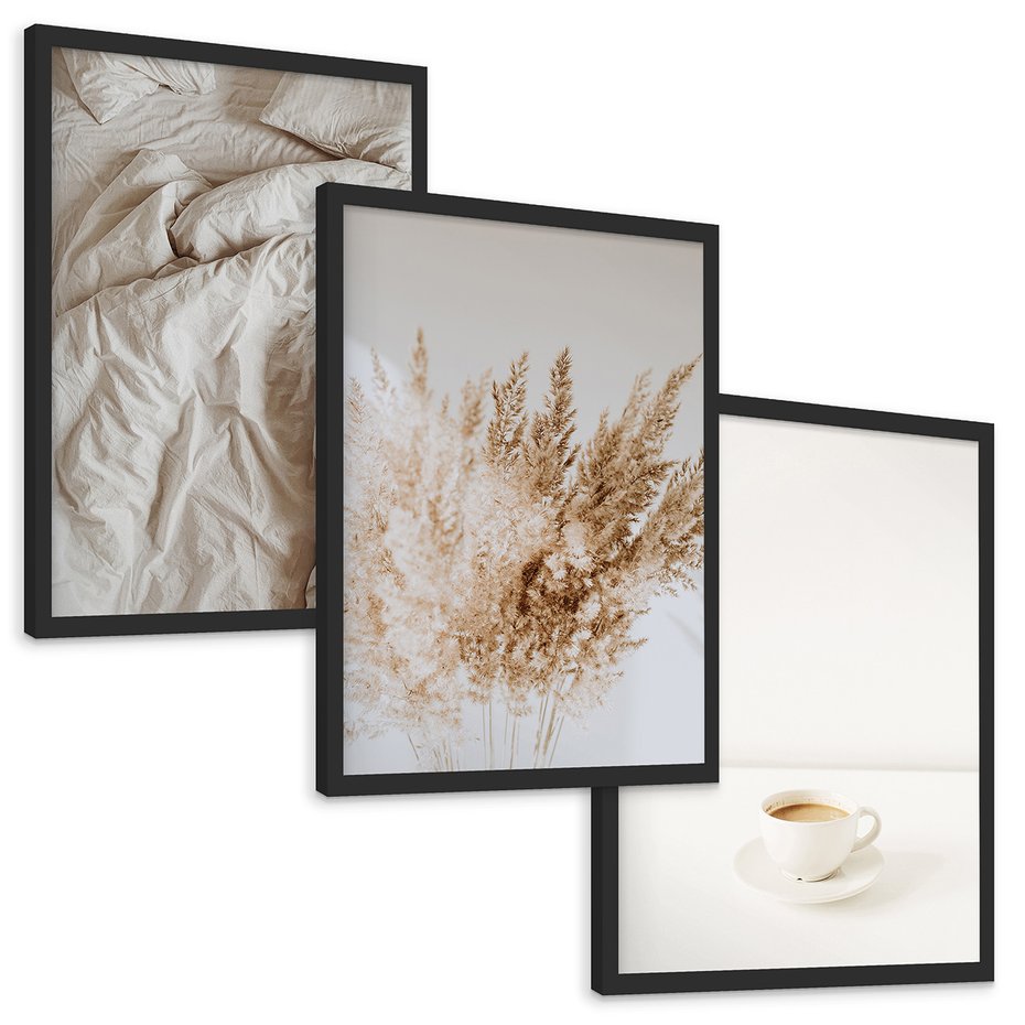 Zestaw obrazy w ramie, plakaty - beżowy, kawa, trawa - rama czarna