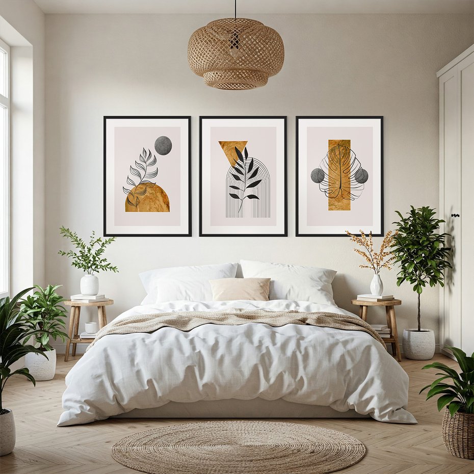 Zestaw obrazy w ramie, plakaty - liście, abstrakcja, złoto - rama czarna