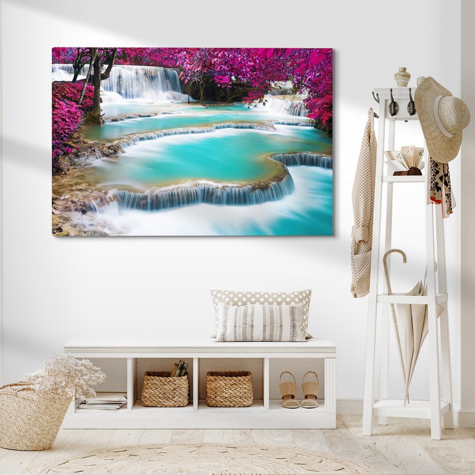 Obraz na płótnie - wodospad, turkusowy, różowy