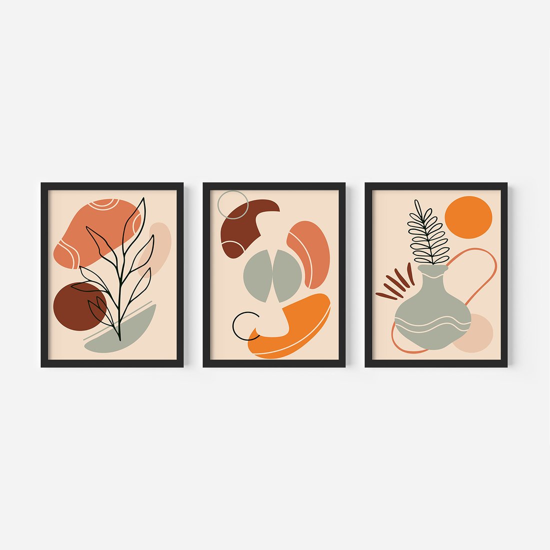 Zestaw obrazy w ramie, plakaty - abstrakcja, liście, rośliny - rama czarna