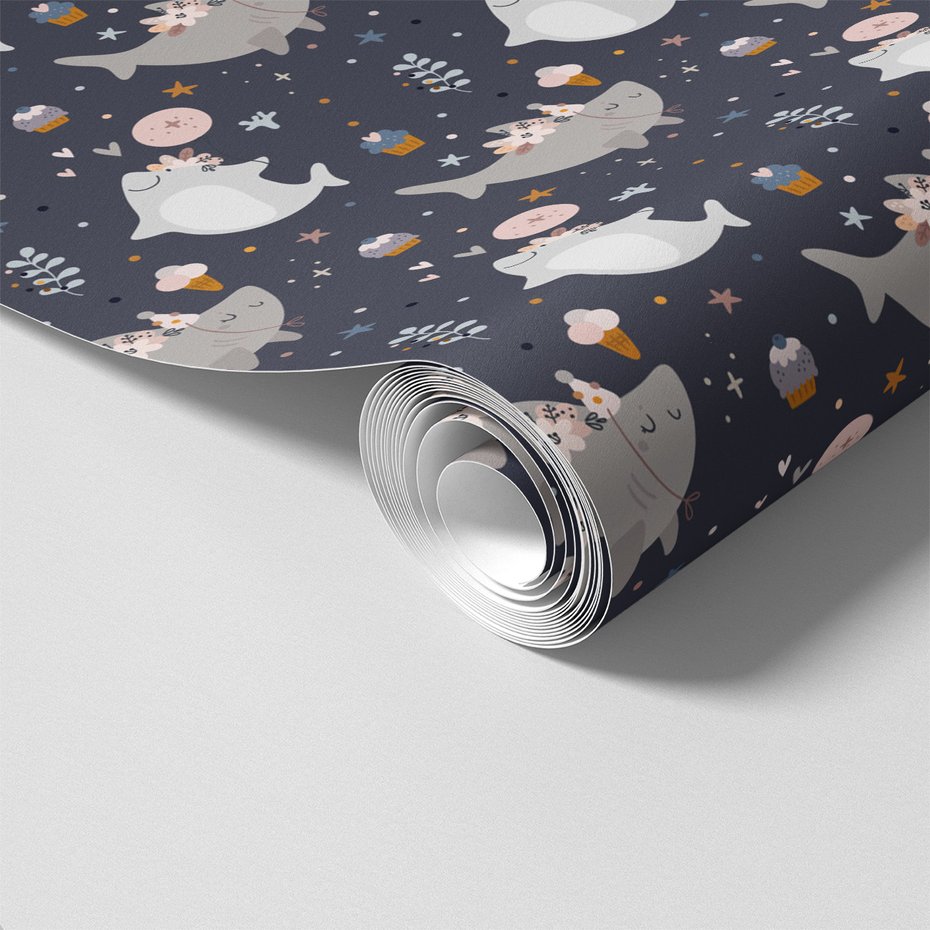 Tapeta - dziecięca, rekin, babeczka, gwiazdy