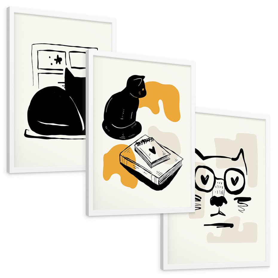 Zestaw obrazy w ramie, plakaty - kot, ilustracja, grafika - rama biała