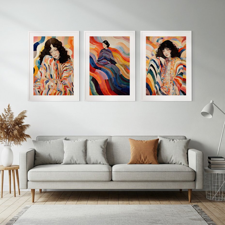 Zestaw obrazy w ramie, plakaty - kobieta, wzory, kolory, - rama biała