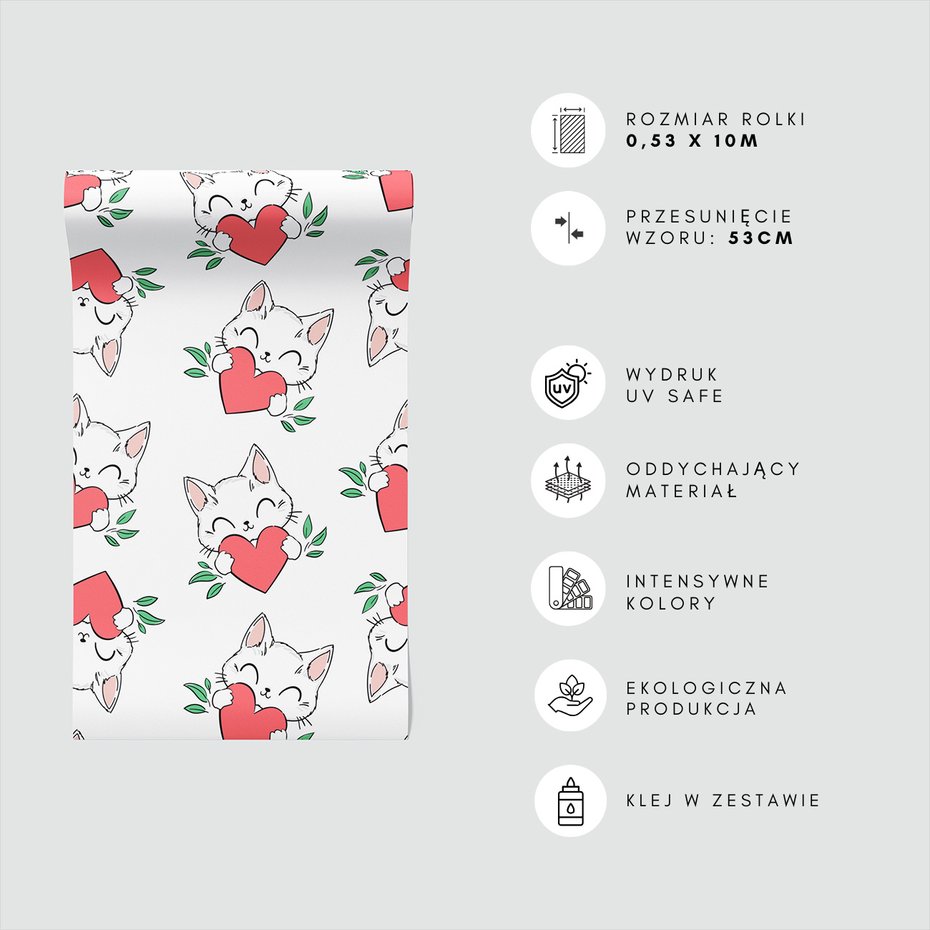 Tapeta - dziecięca, kot, serce, liście
