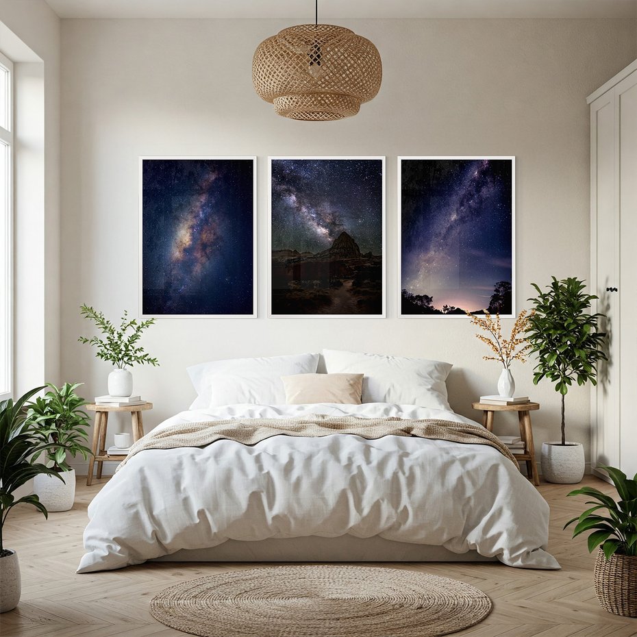 Zestaw obrazy w ramie, plakaty - gwiazdy, noc, galaktyka - rama biała