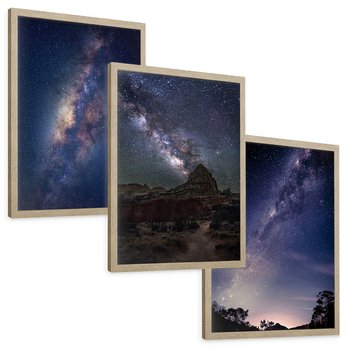 Zestaw obrazy w ramie, plakaty - gwiazdy, noc, galaktyka - rama drewno