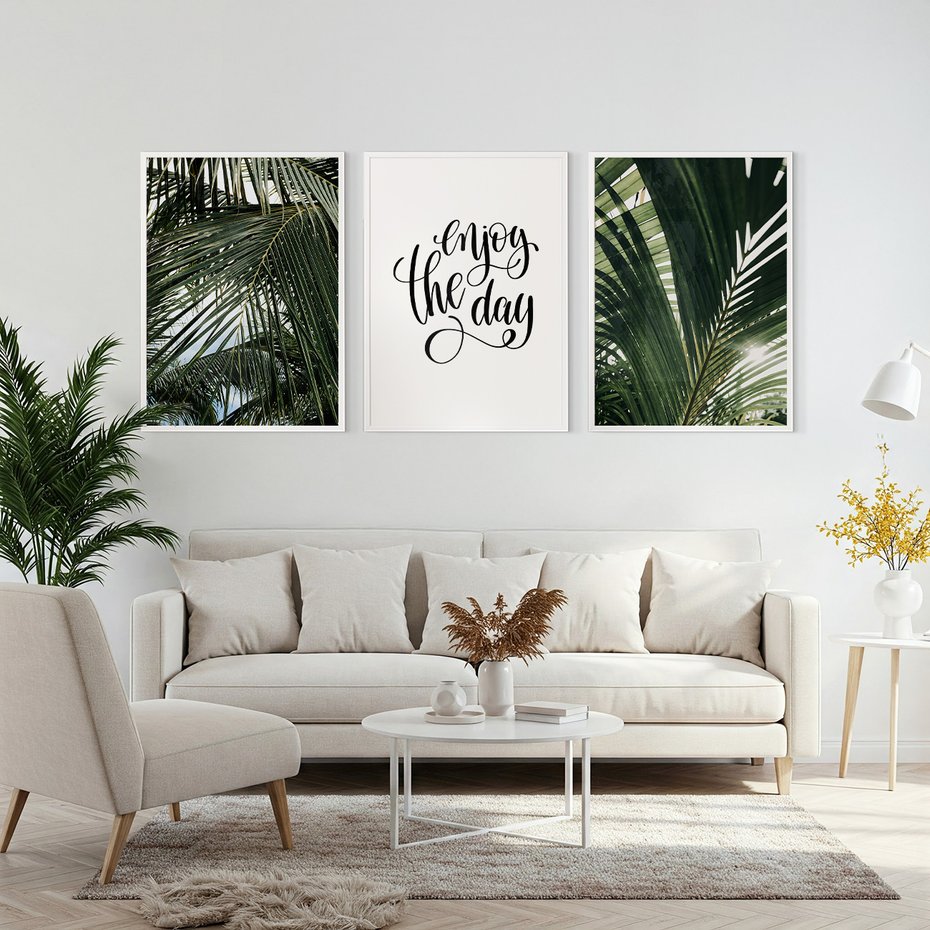 Zestaw obrazy w ramie, plakaty - liście,palmy,tropikalne - rama biała