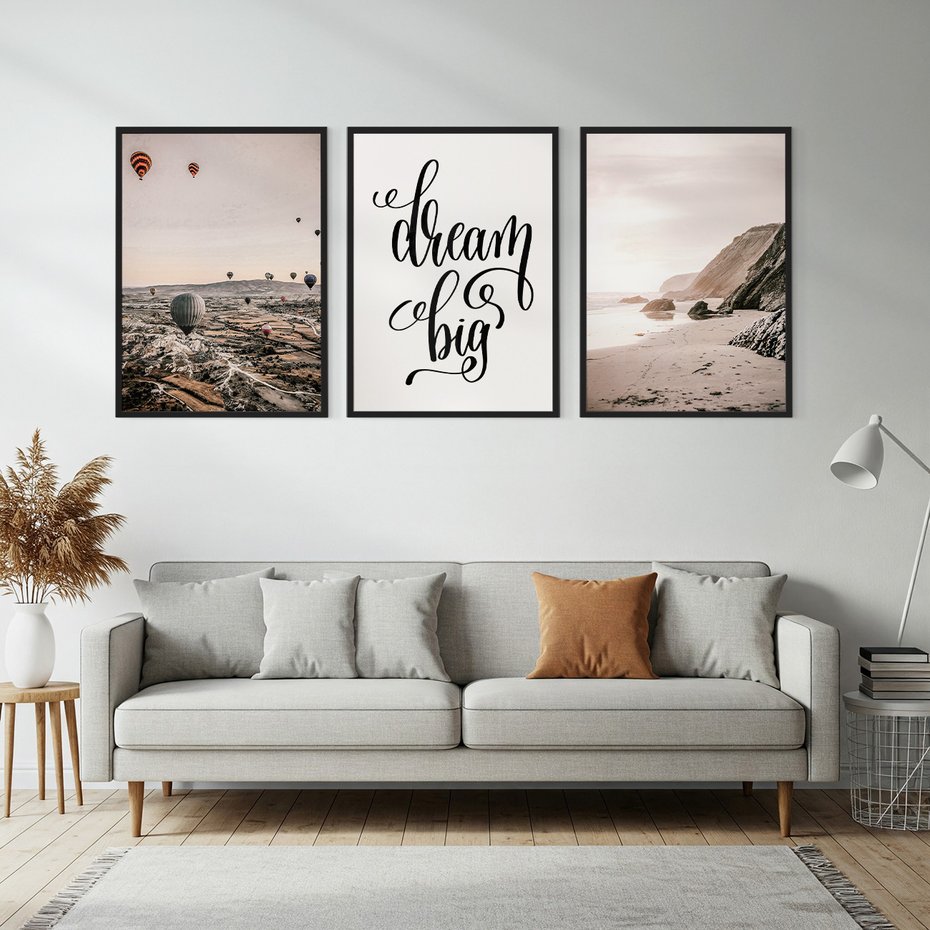 Zestaw obrazy w ramie, plakaty - balony, plaża, skały - rama czarna