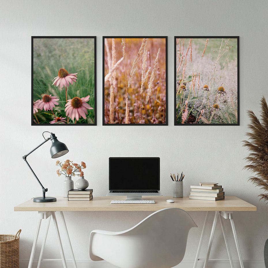Zestaw obrazy w ramie, plakaty - kwiaty, trawa, rośliny - rama czarna