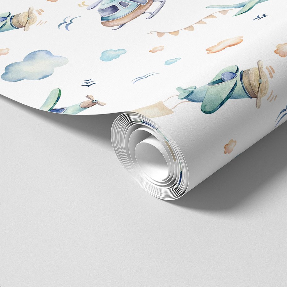 Tapeta - dziecięca, samoloty, helikopter, chmury