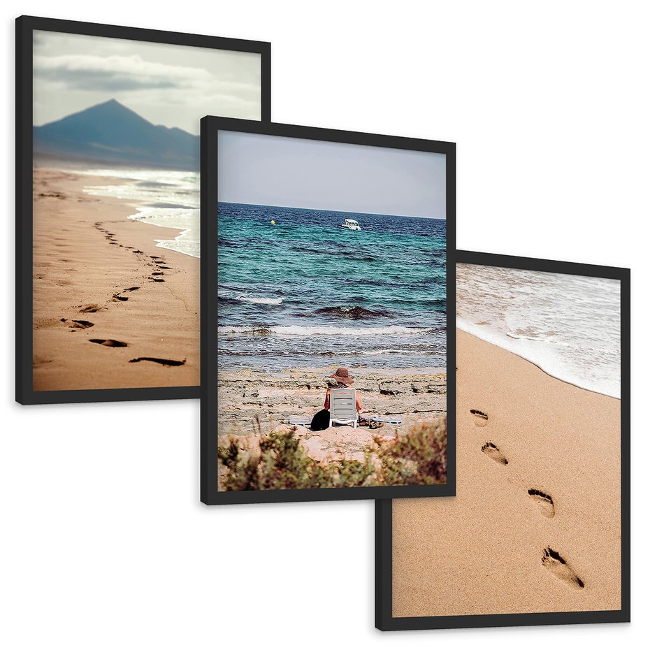 Zestaw obrazy w ramie, plakaty - plaża, morze, piasek - rama czarna