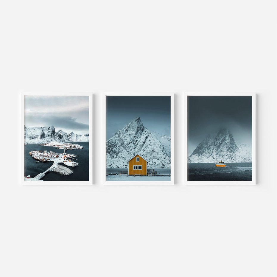 Zestaw obrazy w ramie, plakaty - góry, śnieg, woda - rama biała