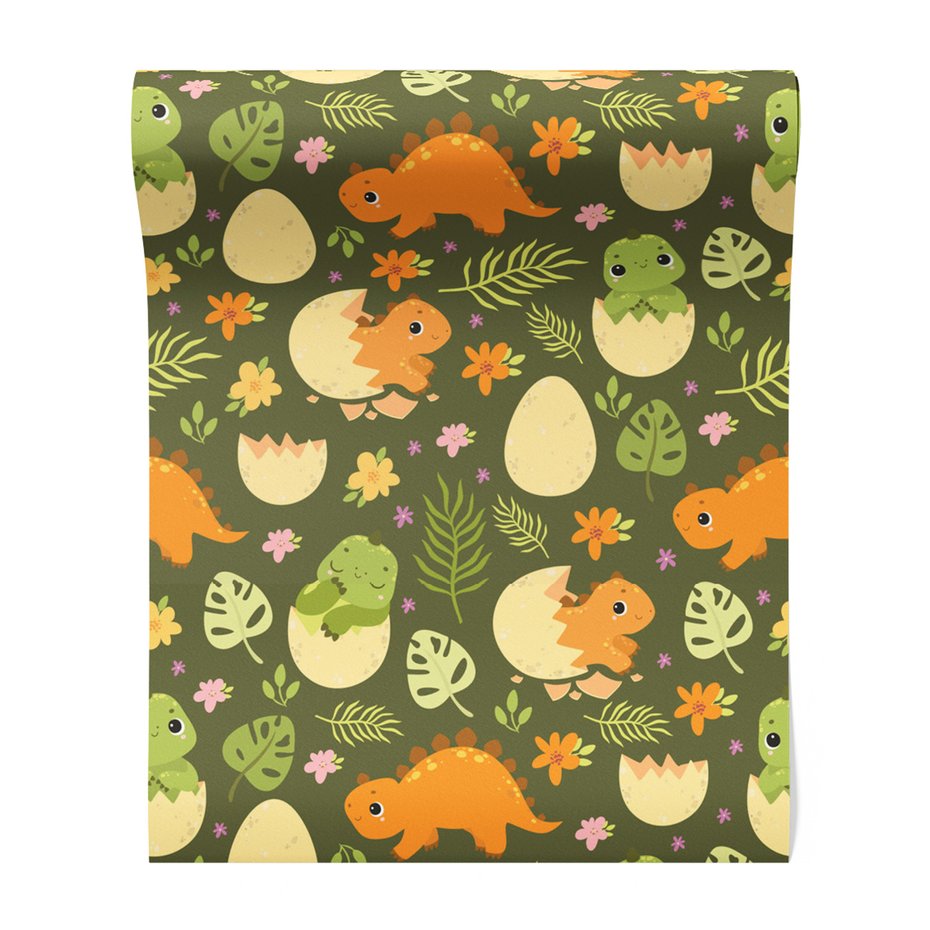 Tapeta - dziecięca, dinozaury, jaja, kwiaty