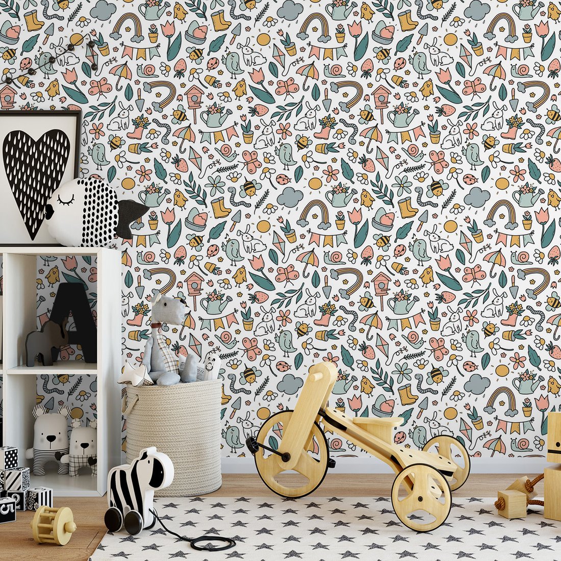 Tapeta - dziecięca, kwiaty, wzór, truskawki