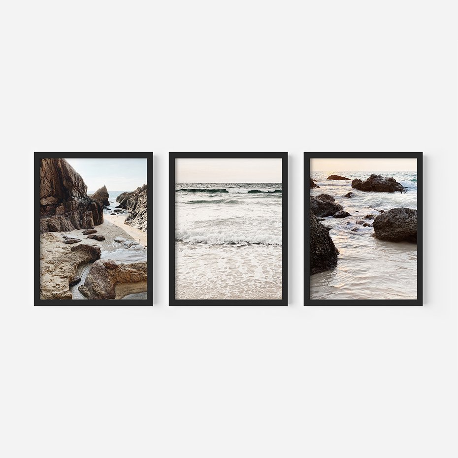 Zestaw obrazy w ramie, plakaty - plaża, morze, skały - rama czarna
