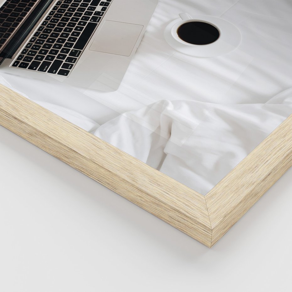 Zestaw obrazy w ramie, plakaty - minimalizm, kawa, laptop - rama drewno