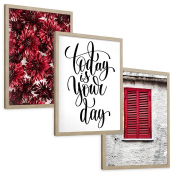 Zestaw obrazy w ramie, plakaty - kwiaty, okno, typografia - rama drewno