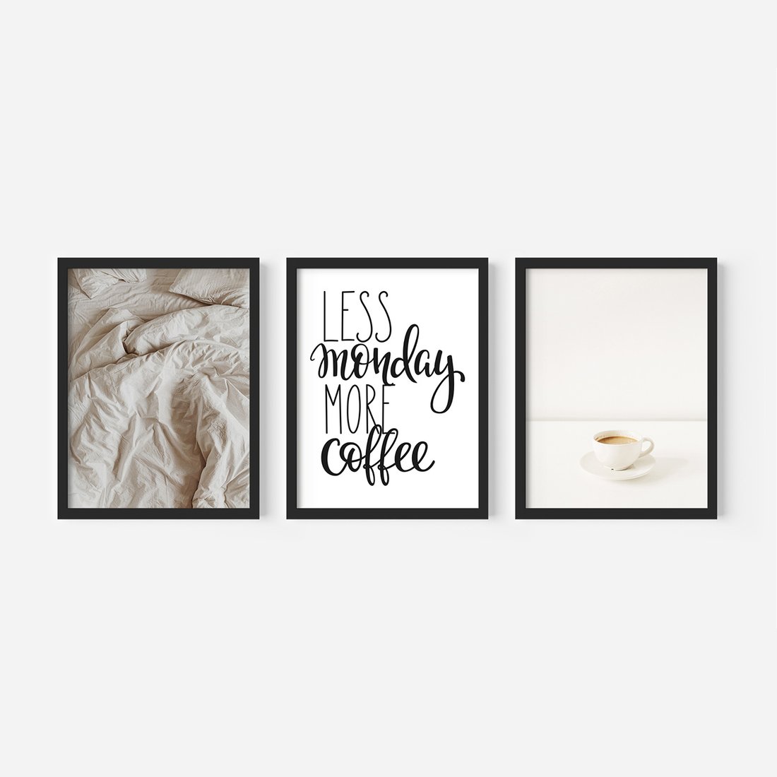 Zestaw obrazy w ramie, plakaty - kawa, łóżko, minimalizm - rama czarna